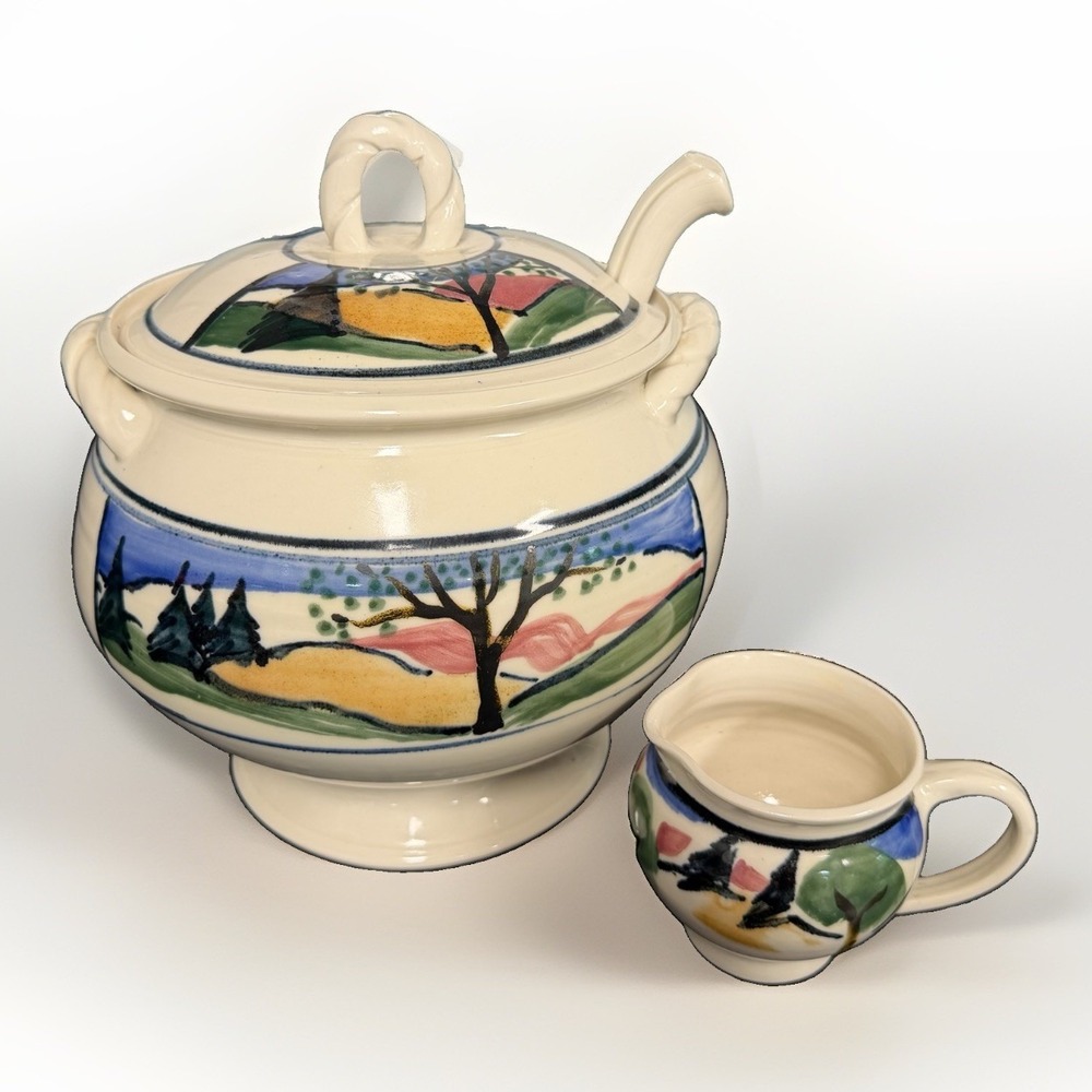 Nancy Darrell NC Studio Pottery Soup Tureen Ladle Creamer Signed Mountain Scene